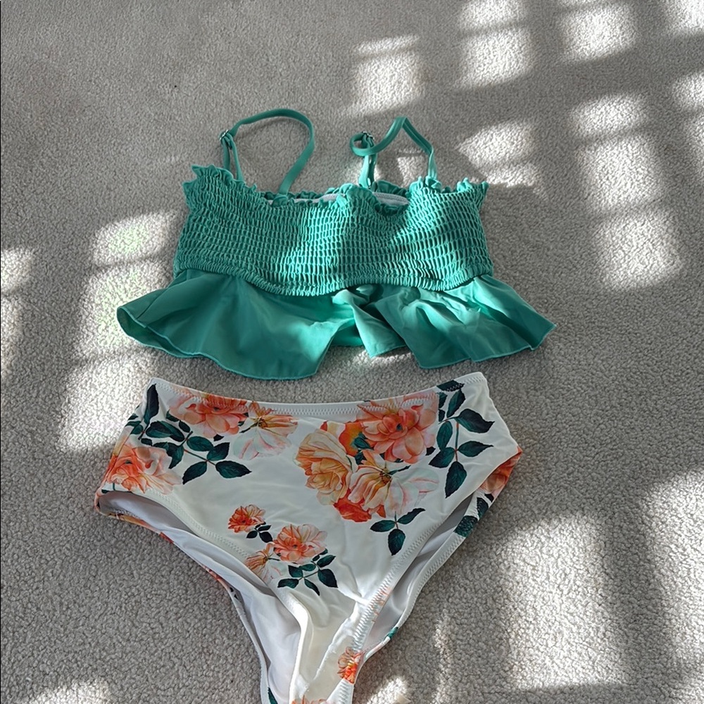 Green Ruffled Bikini Top with Floral Bottoms